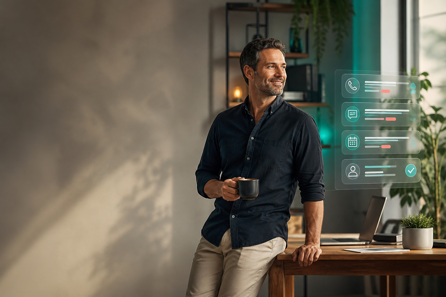 A small-business owner working while an AI receptionist organizes calls, messages, and appointments